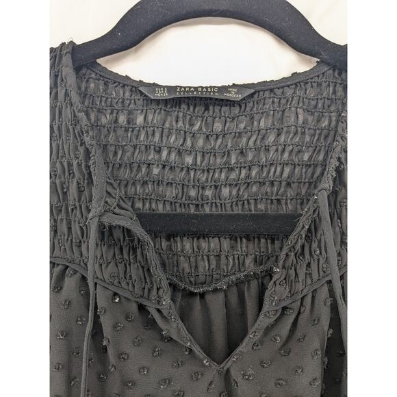 Zara Flare Blouse S Black Draped Loose Fit Tie Front Smocked Pleated Flounce Top - Picture 5 of 11